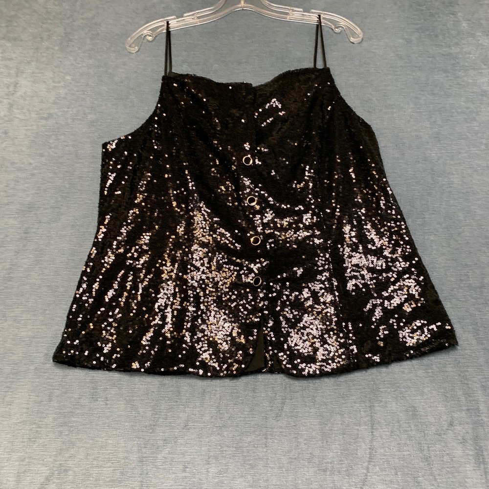 Sunday in Brooklyn Square-Neck Sequin Tank Top Womens XL Black Button Front